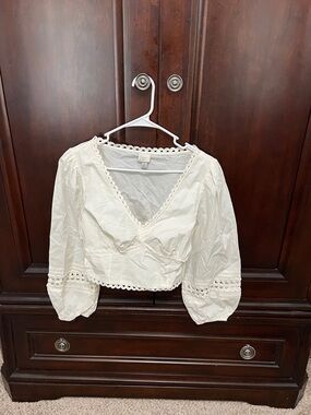 a new day White Lace-Trim V-Neck Peasant Blouse